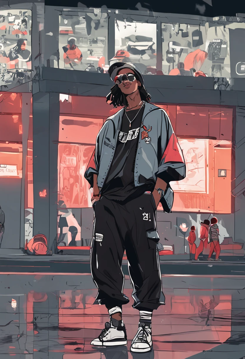 Hip-hop wind，Black baseball jersey，Gray straight-leg pants，Black cap，Long hair with a shawl，Kizi，HighestQuali，Frontal photo，Show half of your face