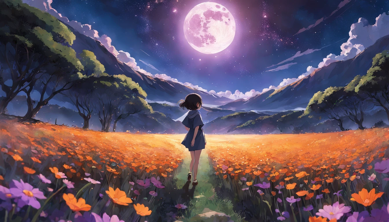 Expansive landscape photograph,(look from down,Above is the sky,Below are open fields),A girl standing on a flower field looking up,(moon full:1.2),(meteors:0.9),(Starcloud:1.3),Far Mountain, Tree BREAK making art,(Warm light source:1.2),(glowworm:1.2),lamp lights,Lots of purple and orange,Complicated details,Volumetric lighting BREAK(tmasterpiece:1.2),(best qualtiy),4k,ultra - detailed,(dynamic compositions:1.4),detail-rich,plethora of colors,(Irridescent color:1.2),(with light glowing,Atmospheric lighting),dream magical,magical,(独奏:1.2