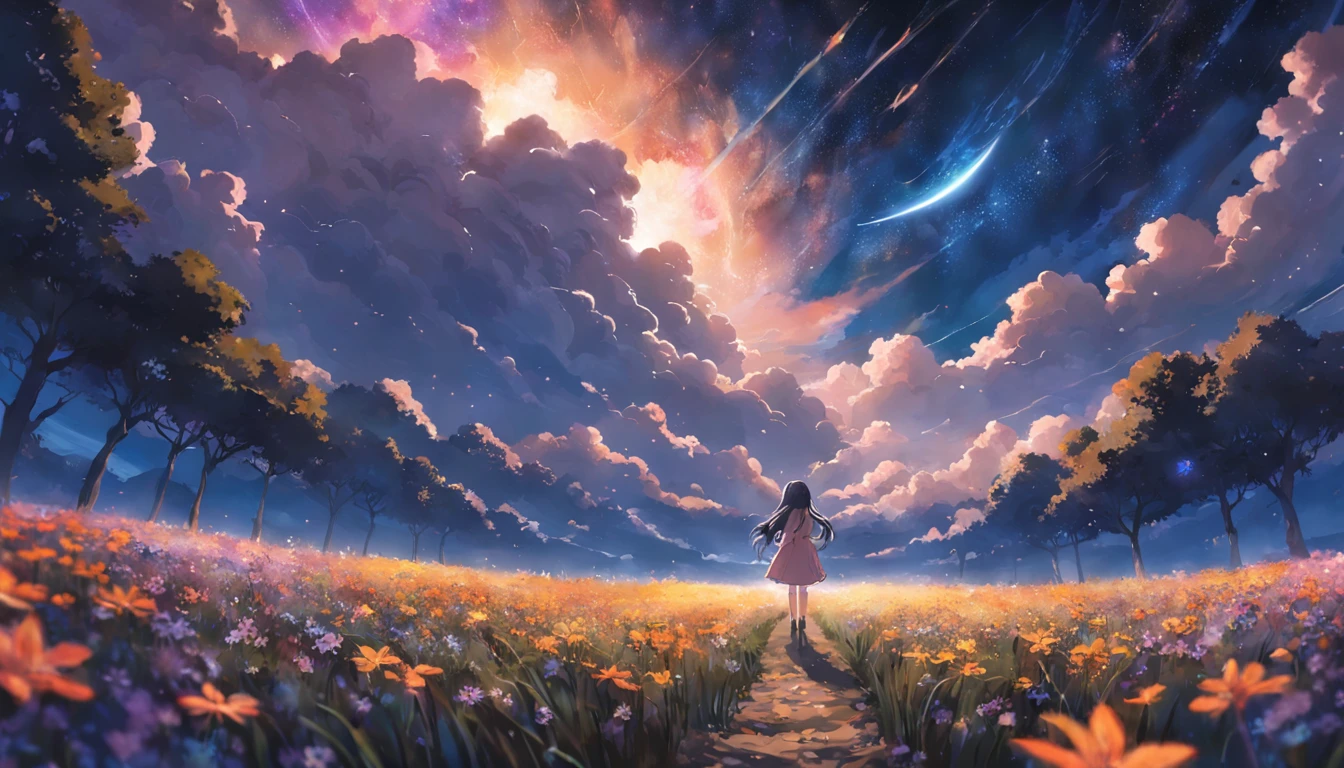 Expansive landscape photograph,(look from down,Above is the sky,Below are open fields),A girl standing on a flower field looking up,(moon full:1.2),(meteors:0.9),(Starcloud:1.3),Far Mountain, Tree BREAK making art,(Warm light source:1.2),(glowworm:1.2),lamp lights,Lots of purple and orange,Complicated details,Volumetric lighting BREAK(tmasterpiece:1.2),(best qualtiy),4k,ultra - detailed,(dynamic compositions:1.4),detail-rich,plethora of colors,(Irridescent color:1.2),(with light glowing,Atmospheric lighting),dream magical,magical,(独奏:1.2