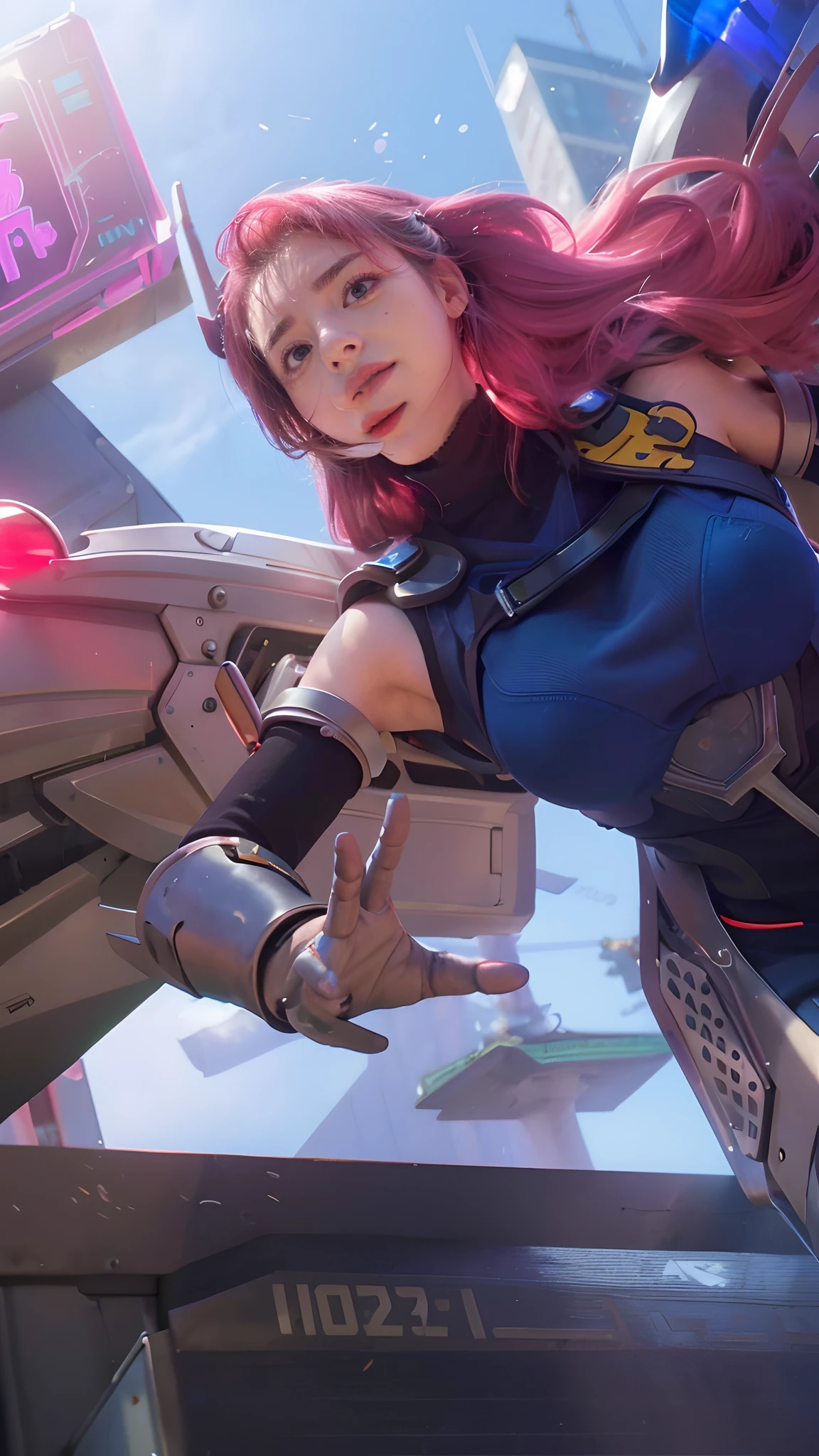 (8k, best quality, masterpiece:1.2), (realistic, photo-realistic:1.37), ultra-detailed, detail fingers, realistic fingers, A detailed portrait of 1 girl 18 year old, cute girl, british girl, futuristic outfit, wearing steel gloves, pale skin, perfect body, blue eyes, pink hair. The scene is illuminated with professional lighting, photon mapping, and radiosity, with Tetsuya Nomura Style. Blur bokeh effect, realistic light.