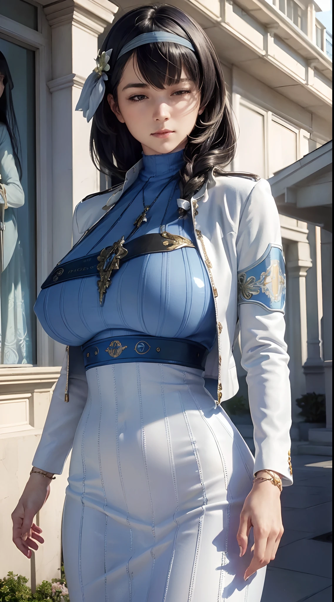 (((beautiful))),mary,blue sweater, white jacket, cropped jacket, long sleeves, open clothes, ribbed sweater, armband, huge breasts,(((shiny skin))), ((intricate details)), hdr, ((intricate details, hyperdetailed)), cinematic shot, walkin in the street, vignette, ((art by alphonso mucha))