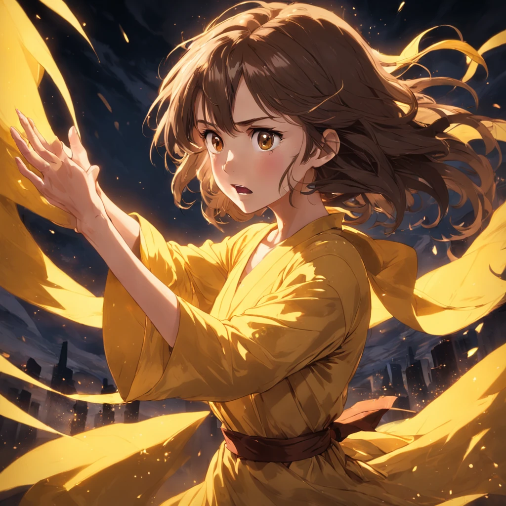masterpiece, best quality, still film, 1 woman, young, brown hair, brown eyes, long yellow dress covering entire body, wind in hands, close-up, bright, rage, dark lighting, (Sparks: 0.7)