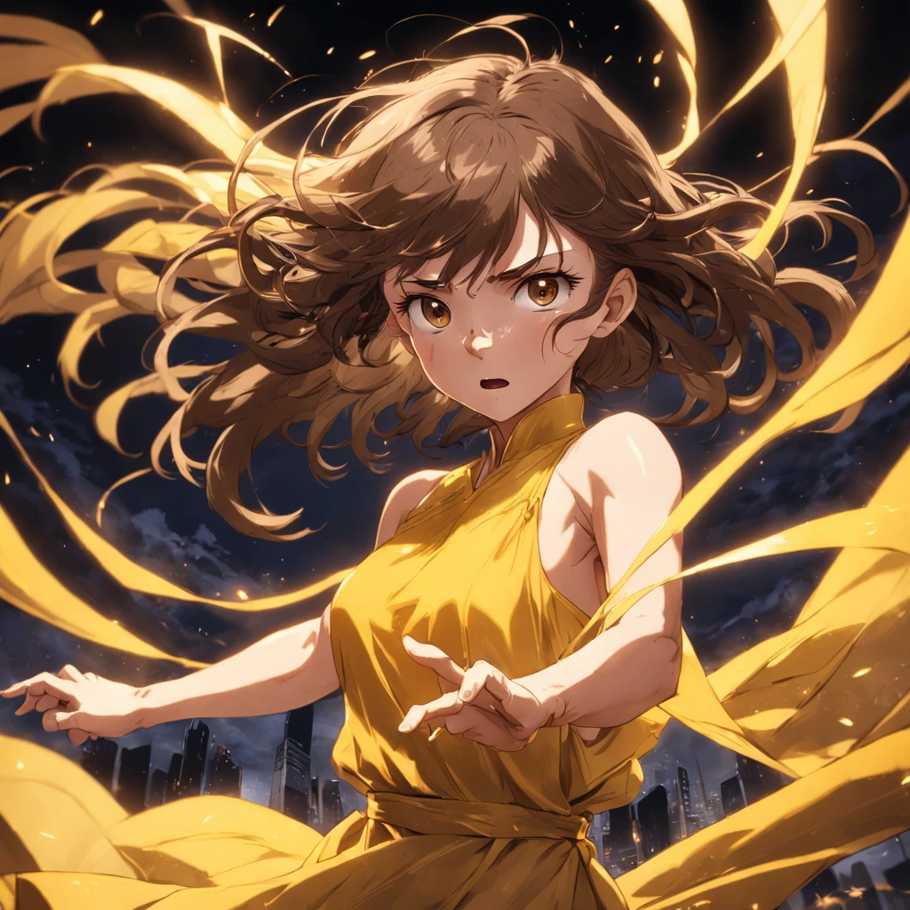 masterpiece, best quality, still film, 1 woman, young, brown hair, brown eyes, long yellow dress covering entire body, wind in hands, close-up, bright, rage, dark lighting, (Sparks: 0.7)
