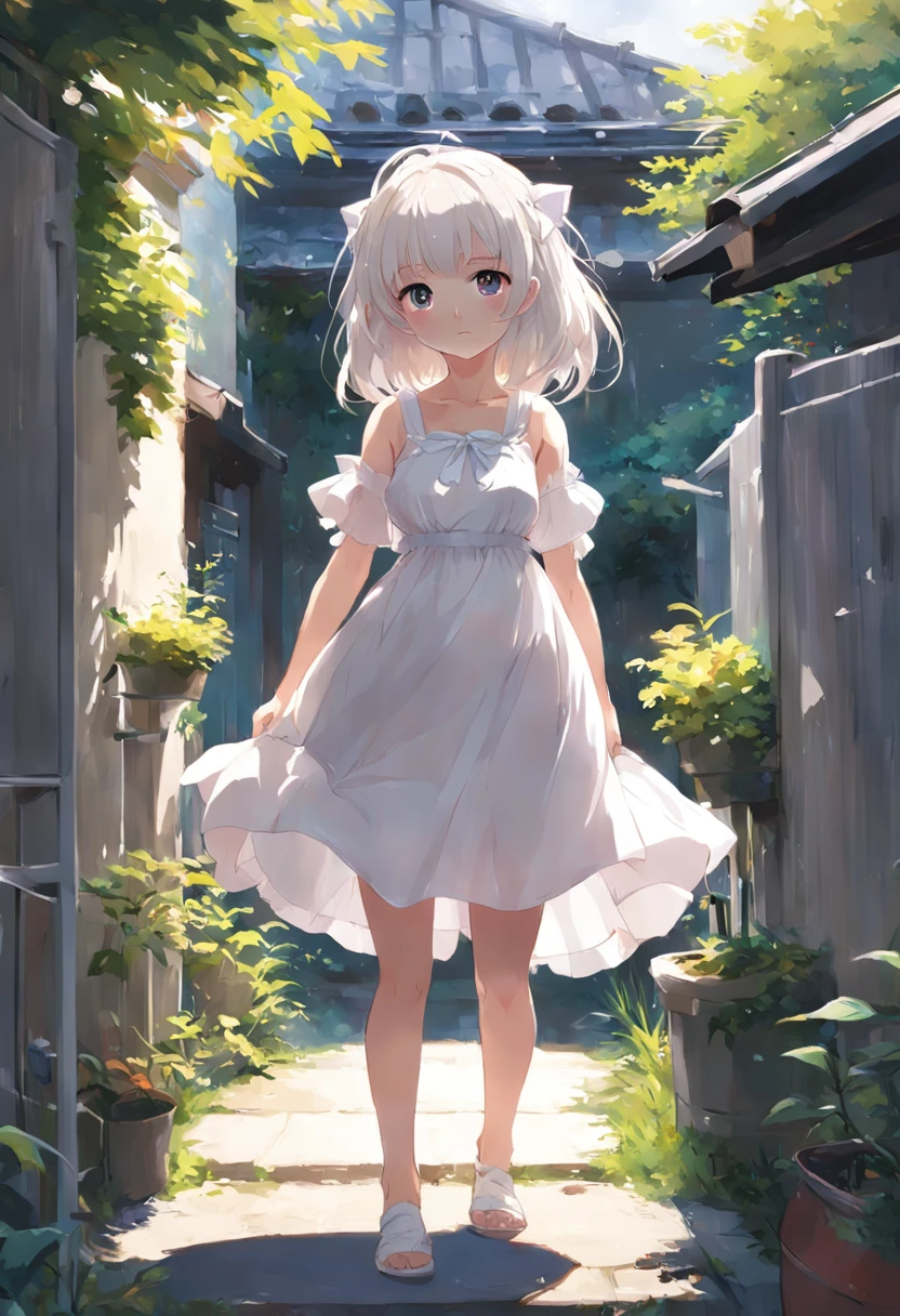 Anime girl in white dress standing in garden with cat, Hang the laundry out to dry，loli in dress, small curvy loli, artwork in the style of guweiz, guweiz on pixiv artstation, guweiz on artstation pixiv, guweiz, small li girl, soft anime illustration, Anime visuals of cute girls, Detailed Digital Anime Art