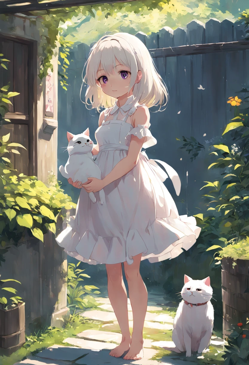 Anime girl in white dress standing in garden with cat, Hang the laundry out to dry,loli in dress, small curvy loli, artwork in the style of guweiz, guweiz on pixiv artstation, guweiz on artstation pixiv, guweiz, small loli girl, soft anime illustration, Anime visuals of cute girls, Detailed Digital Anime Art