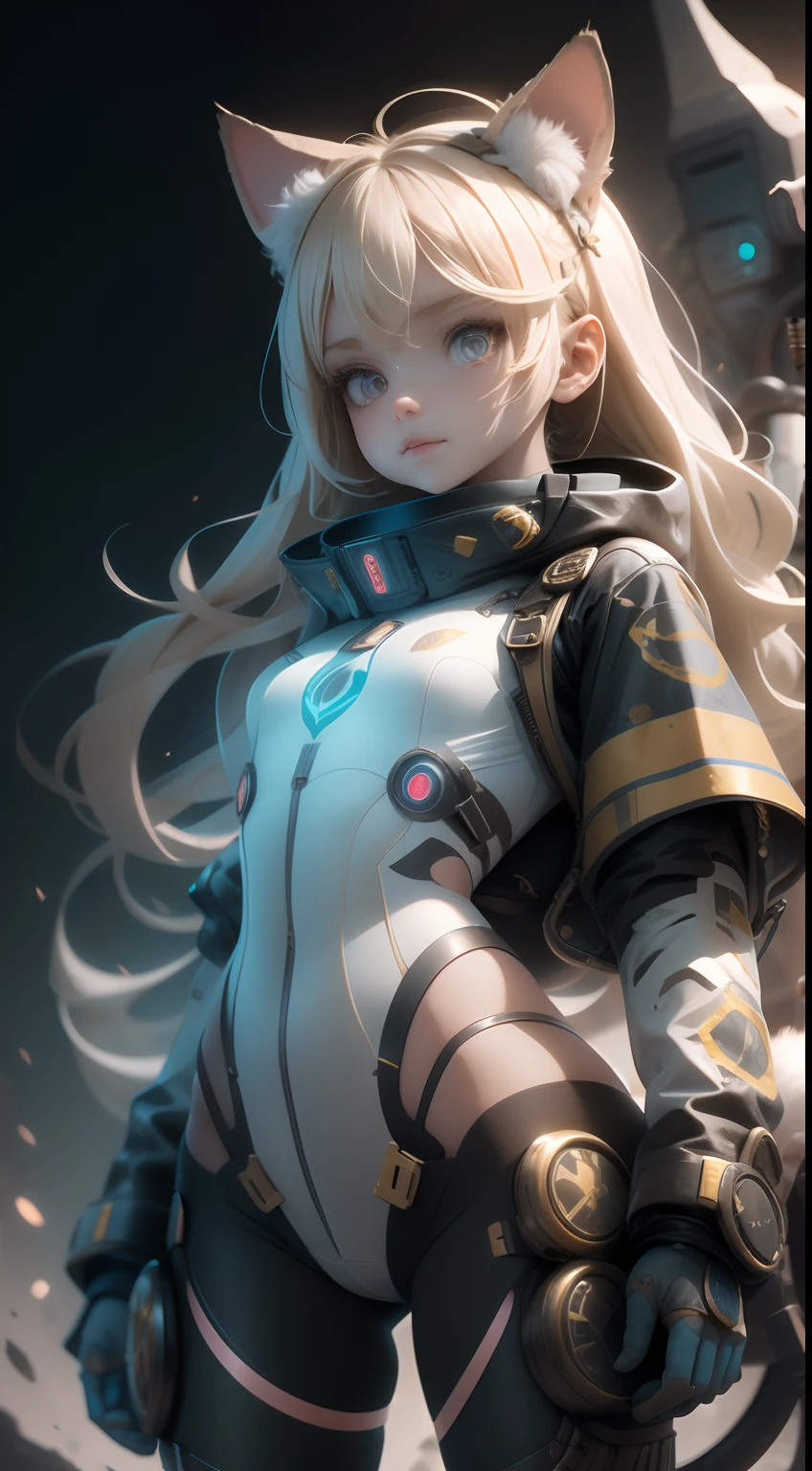 ukrainian girl , Ukrainian anime girl ,ukranian , The whole body consists of a young girl with messy light blonde hair, eye makeup, 11yo, Cat ears, Soft lighting, Solo, Wearing a shabby, dirty, ragged futuristic military uniform, Cat's paw badge, Pose, Spot color, rendering by octane, Ultra-realistic intricate details, Cinematic, 8K resolution, 70mm, emphasis lighting, Global illumination, Full body portrait, clean detailed faces, complex clothing, Cute face, Flat chest, Slim waist, Slim legs, Small hips