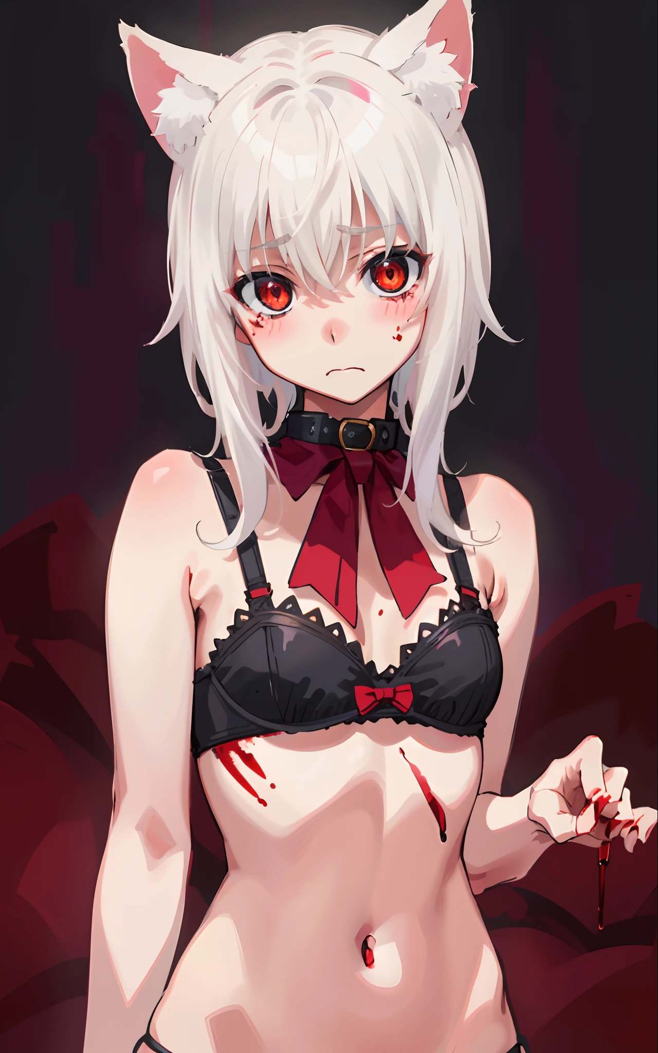 Best quality, (masterpiece:1.2), highly detailed, standing, beach, cat ears, 1girl, solo, tojo koneko, looking at the viewer, closed mouth, (upper body:1.2), medium breasts, red eyes, white hair, short hair, hair decoration, ((bra)), erotica, blushed, (simple background), ((blood)), 20 years old, healthy skin