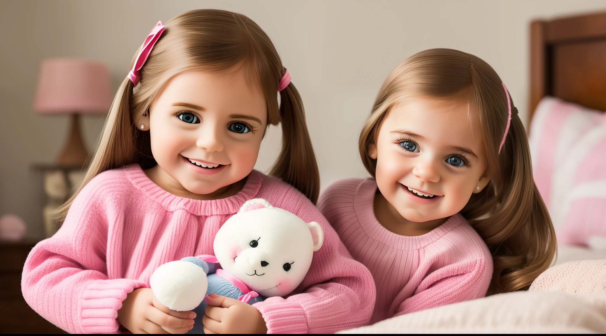 Happy girl holding doll,warm,adolable,grin face,Bedroom scene,8K,Real littleAmerican girl