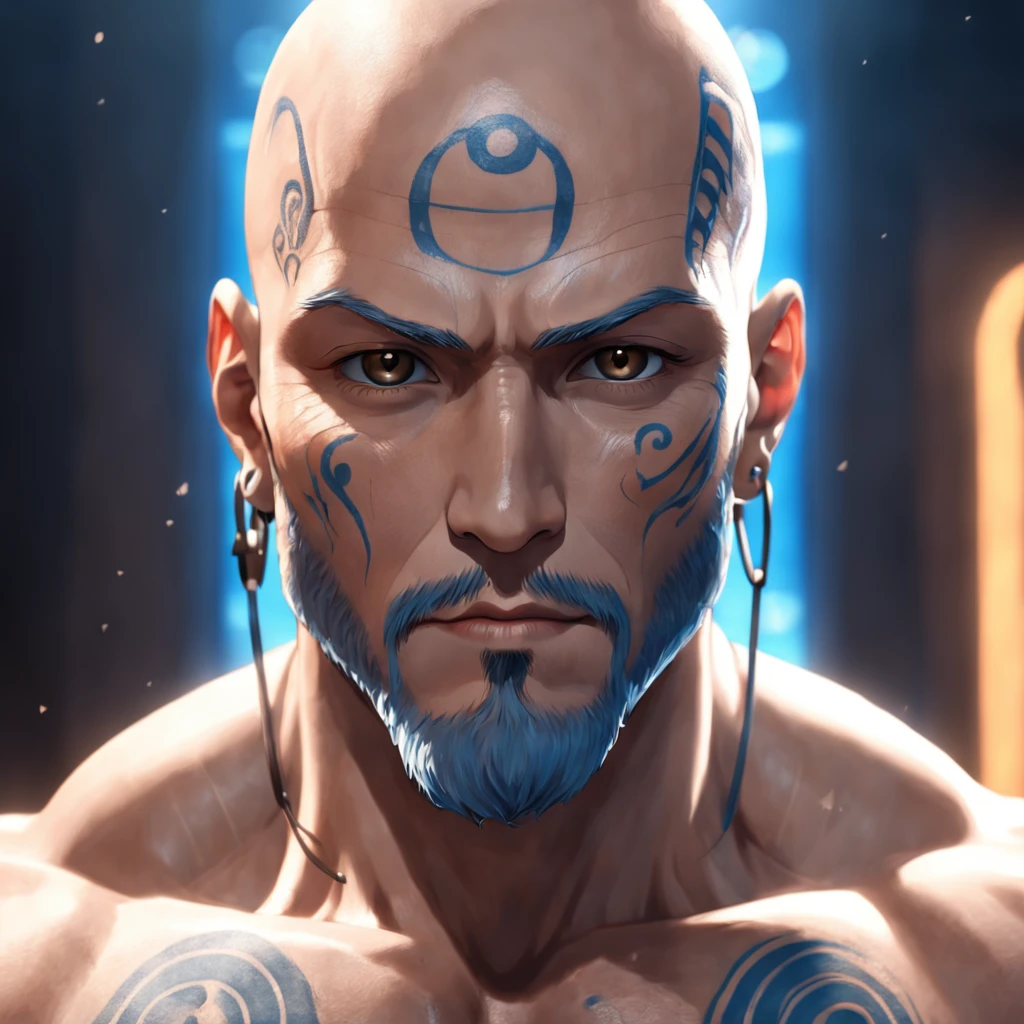 ((Cinematic light, Best quality, 8k, Masterpiece :1.3)), (extremely detailed:1.2), (extremely detailed face), (photorealistic:1.2), (ultra detailed), 8k, (((guy))),, Bald man, close up muscular boday, soft facial features, runic tattoos ,((glowing blue tattoos)), light brown coloured facial hair, wearing headphones