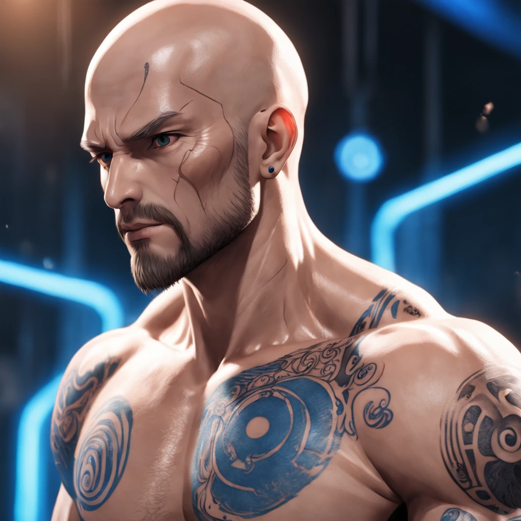 ((Cinematic light, Best quality, 8k, Masterpiece :1.3)), (extremely detailed:1.2), (extremely detailed face), (photorealistic:1.2), (ultra detailed), 8k, (((guy))),, Bald man, close up muscular boday, soft facial features, runic tattoos ,((glowing blue tattoos)), light brown coloured facial hair, wearing headphones