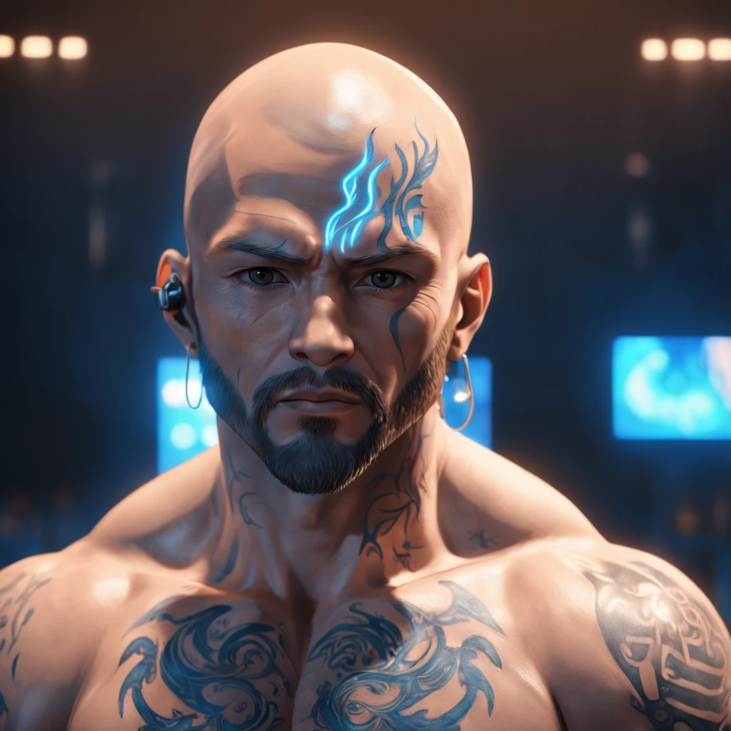 ((Cinematic light, Best quality, 8k, Masterpiece :1.3)), (extremely detailed:1.2), (extremely detailed face), (photorealistic:1.2), (ultra detailed), 8k, (((guy))),, Bald man, close up muscular boday, soft facial features, runic tattoos ,((glowing blue tattoos)), light brown coloured facial hair, wearing headphones