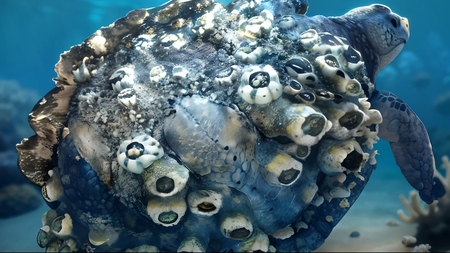 There is a sea turtle covered in barnacles at the bottom of the sea, he is covered with barnacles, covered in coral and barnacles, Blue scales with white spots,, Glass Antikihira, barnacle,