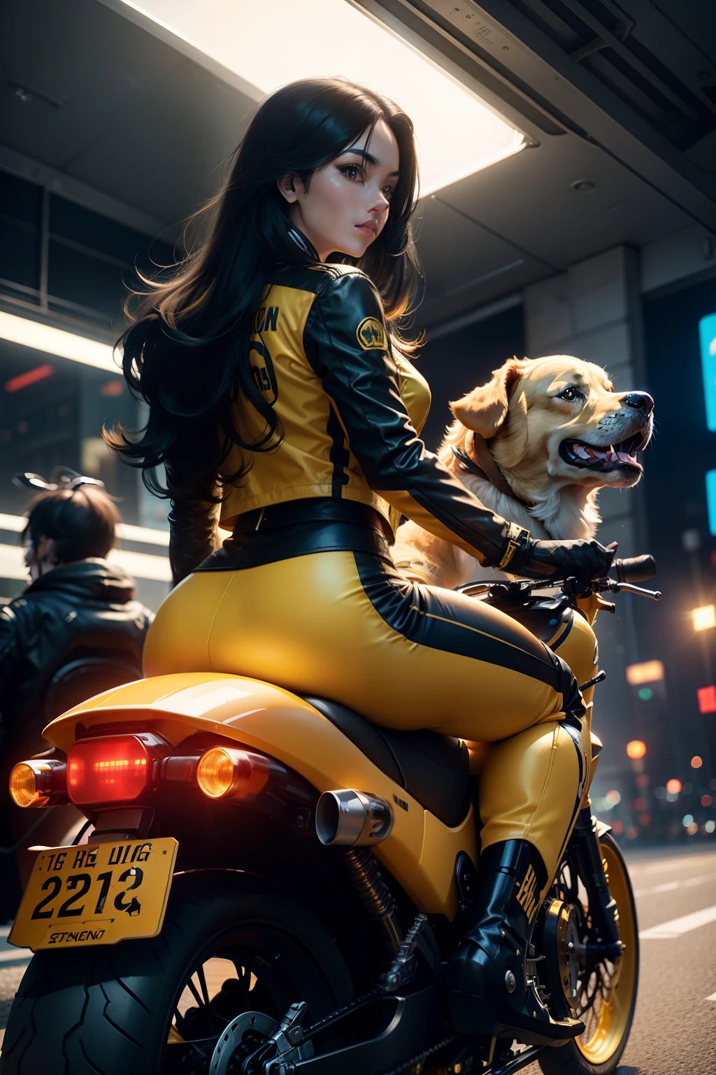 one-girl ,Long black hair,Wearing a yellow motorcycle suit,With a blue helmet,Riding a yellow tandem motorcycle,Next to it sits a golden retriever,Ride in the car,SENSE OF CINEMA,rim-light,Ray traching,Bokeh,concept-art,the night,Cyberpunk of the highest quality,cg,8k,Ultimate detail