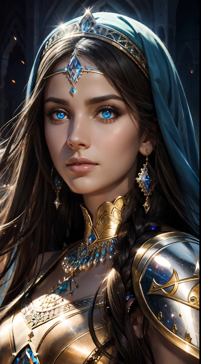 Moroccan princesse portrait holding Sword Face portrait hyper realistic super detailed face glowing crystal eyes hyper realistic