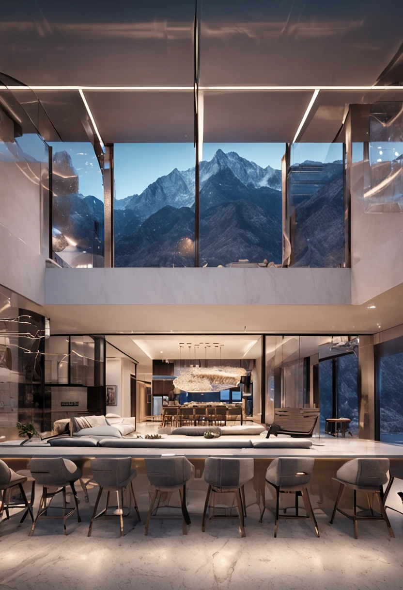 A home with a sense of futuristic technology，3-storey building，Set against the mountains，Facing the lake，Huge swimming pool，modern architectural style， hyperedetailed photo，buliding，iintricate，shadowing, HighDynamicRange，Dynamic lighting, Fotorrealista, Natural soft light, Low H, tmasterpiece, Detailed 8K，There are super many details，Oversized floor-to-ceiling glass，A combination of technology and the natural environment，Has a super cool look，。The colors are saturated and vibrant，Warm blues and purples dominate the skyline。The overall effect is both beautiful and awe-inspiring，visionary（wide wide shot）、超高分辨率（realness：1.4）、hyper qualit、Extremely detailed CG unity 8k wallpaper、aesthetics、award winning photography、真实感、high detal、Detail Enhancement，Remove blur，iintricate、The art of travel。the visual stunning shock。Beautiful futuristic city，beautiful city, Chinese dream place, ， pexels, blue hour photography,Chinese Dreamland，Spectacular clouds，Fantasy clouds。perfect compositions，The best exhibition，the golden ratio） ，pastelcolor，dramatics，cinmatic lighting，Trend at Artstation，trend in CGSociety，huge detail，