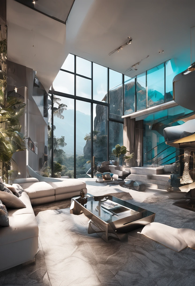 A home with a sense of futuristic technology，3-storey building，Set against the mountains，Facing the lake，Huge swimming pool，modern architectural style， hyperedetailed photo，buliding，iintricate，shadowing, HighDynamicRange，Dynamic lighting, Fotorrealista, Natural soft light, Low H, tmasterpiece, Detailed 8K，There are super many details，Oversized floor-to-ceiling glass，A combination of technology and the natural environment，Has a super cool look，。The colors are saturated and vibrant，Warm blues and purples dominate the skyline。The overall effect is both beautiful and awe-inspiring，visionary（wide wide shot）、超高分辨率（realness：1.4）、hyper qualit、Extremely detailed CG unity 8k wallpaper、aesthetics、award winning photography、真实感、high detal、Detail Enhancement，Remove blur，iintricate、The art of travel。the visual stunning shock。Beautiful futuristic city，beautiful city, Chinese dream place, ， pexels, blue hour photography,Chinese Dreamland，Spectacular clouds，Fantasy clouds。perfect compositions，The best exhibition，the golden ratio） ，pastelcolor，dramatics，cinmatic lighting，Trend at Artstation，trend in CGSociety，huge detail，
