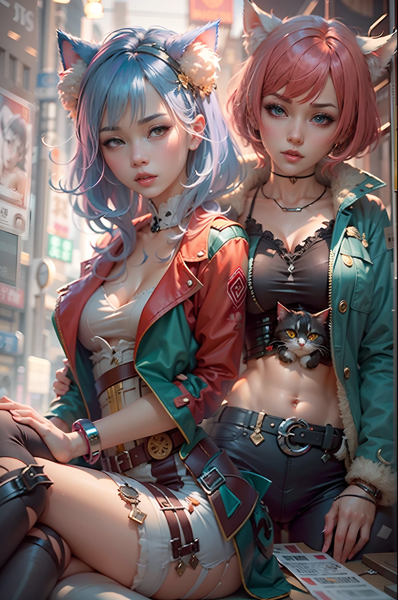 2 elf girls, 22 years old, multicolor hair, space buns, cat ears, jungle, fireflies, full body, extreme abs, cute face, smiling, naked, nude, tattoos, fluorescent, magical scene, beautiful, fashion, splash of color, paint splatter, rainbow lights, world of warcraft, serene jungle, red fireflies, purple glow, 2 elf females, nudist, 20 years old, multicolor hair, cat ears, cyberpunk city, future, aliens, people, extreme abs, cute face, streets, graffiti, tattoos, no pants, slim, muscular, neon signs, no clothes,