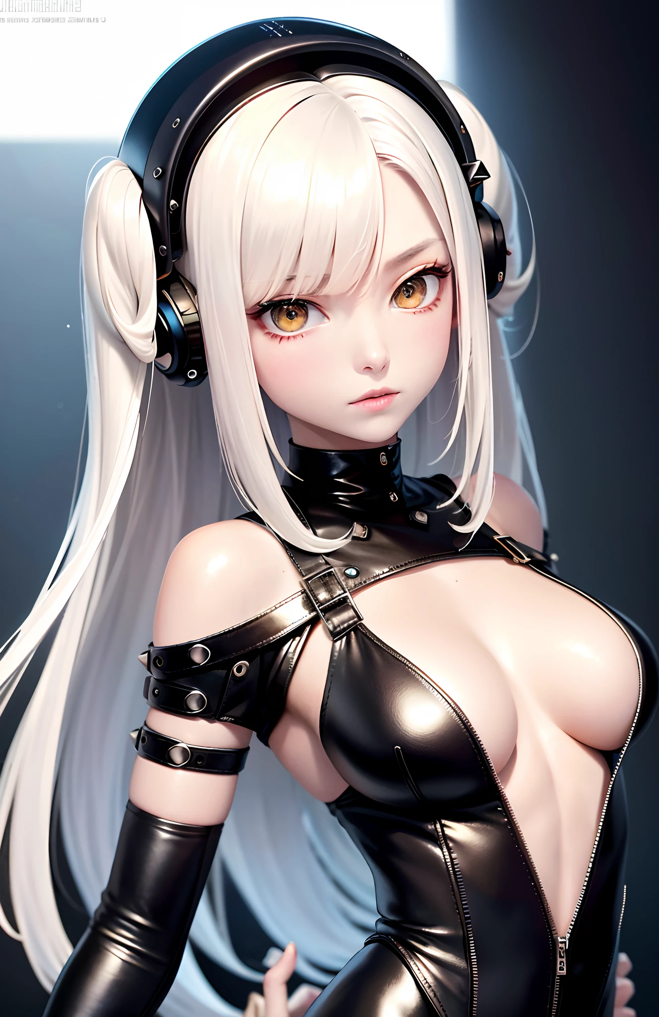 optimum，tmasterpiece，A high resolution，best qualtiy，hyper HD，super detailing，Award-Awarded，16k，独奏，（（The upper part of the body）），（（Bust）），anatomy correct，Beautiful cyberpunk girl，cute  face，，Gradient Beige Hair，Hairline，（（Dark golden eyes）），long eyelasher，Hanging eye corners，White skin of the，（small boobs），（Slim body），（（Women's extra short shawl leather jacket）），（（goth style，bikesuit）），（（）），ear studs，（Neck strap），（Laser material clothing：1.2）