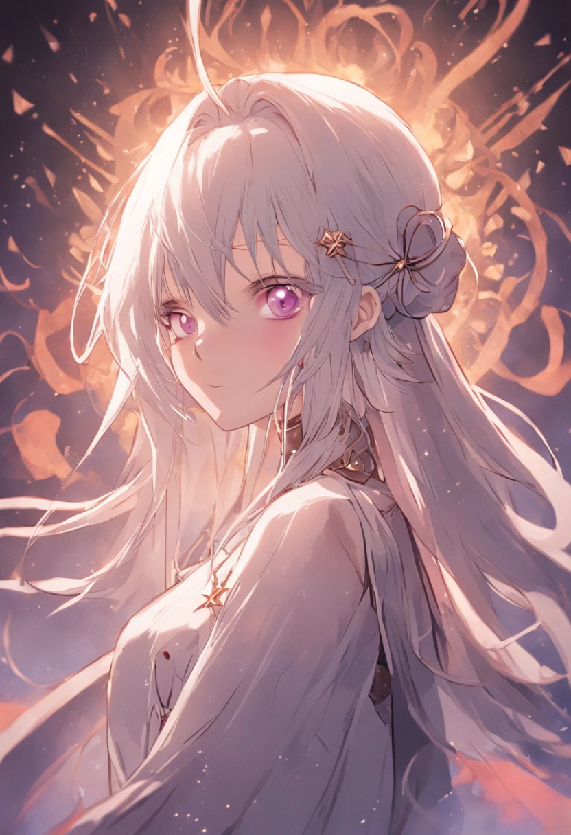 best qualtiy,highly detailed,tmasterpiece,ultra - detailed,(Realistis:1.2),1girll,(white backgrounid),simplebackground,Elaborate Eyes,Coffee-colored hair,a purple eye,hair_ornament,(white offshoulder shirt:1.3),long whitr hair,pointy_ears,crown_braid,face expressionless,hair straight,(++Sat down:1.2),big cleavage breasts,