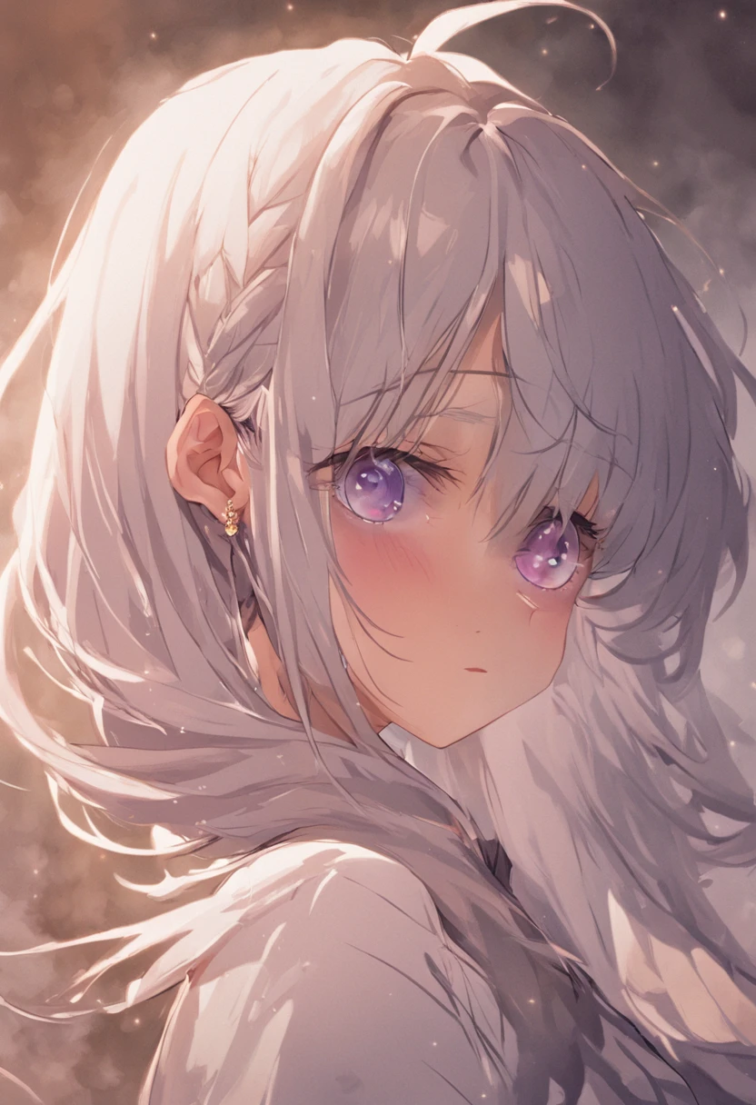 best qualtiy,highly detailed,tmasterpiece,ultra - detailed,(Realistis:1.2),1girll,(white backgrounid),simplebackground,Elaborate Eyes,Coffee-colored hair,a purple eye,hair_ornament,(white offshoulder shirt:1.3),long whitr hair,pointy_ears,crown_braid,face expressionless,hair straight,(++Sat down:1.2),big cleavage breasts,