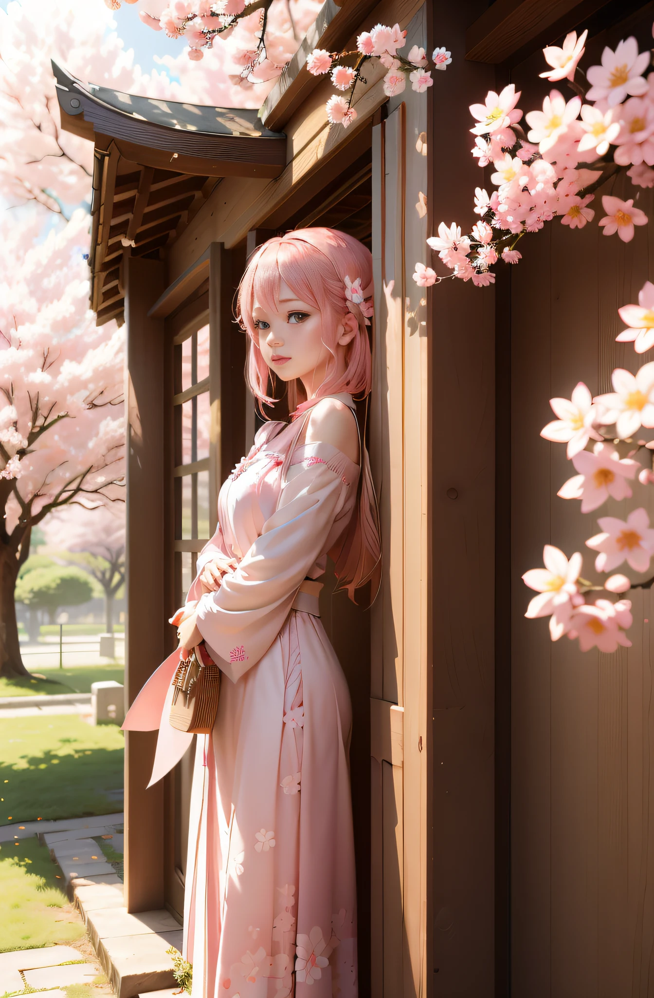Pink-haired girl,under a sakura tree,Beautiful CG illustration,Intoxicating light and shadow,Beautiful gesture,Pink petals,Colorful colors,Summer breeze。