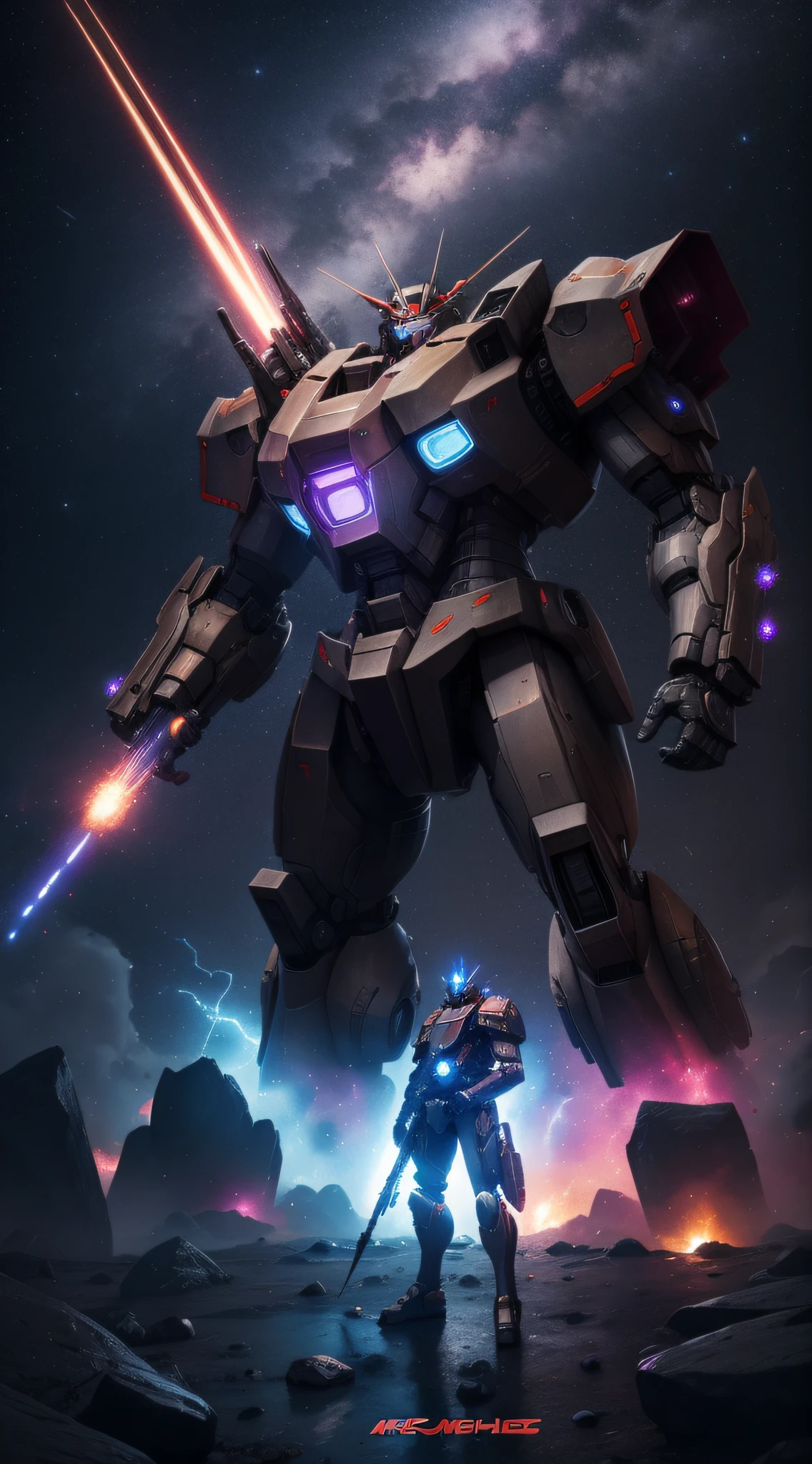 mechs,With a weapon in his hand,There are shining nebulae all around,Extremely distant perspective,Full body like,tmasterpiece,Original,8K,very high res