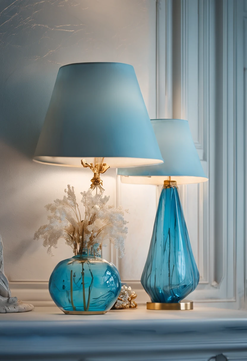 There was a blue glass lamp on the table,Shades of white, famous designer lamp, The standing lights are luxurious, light fixtures,, mellow sky blue lighting, soft blue light, table light, with blue light inside, stylish lighting, Blu-ray accents, Blue light, extremely good quality lighting, lamp lights, exceptional lighting, bright and vivid lighting, teal lighting,book,There are conch ornaments in the books