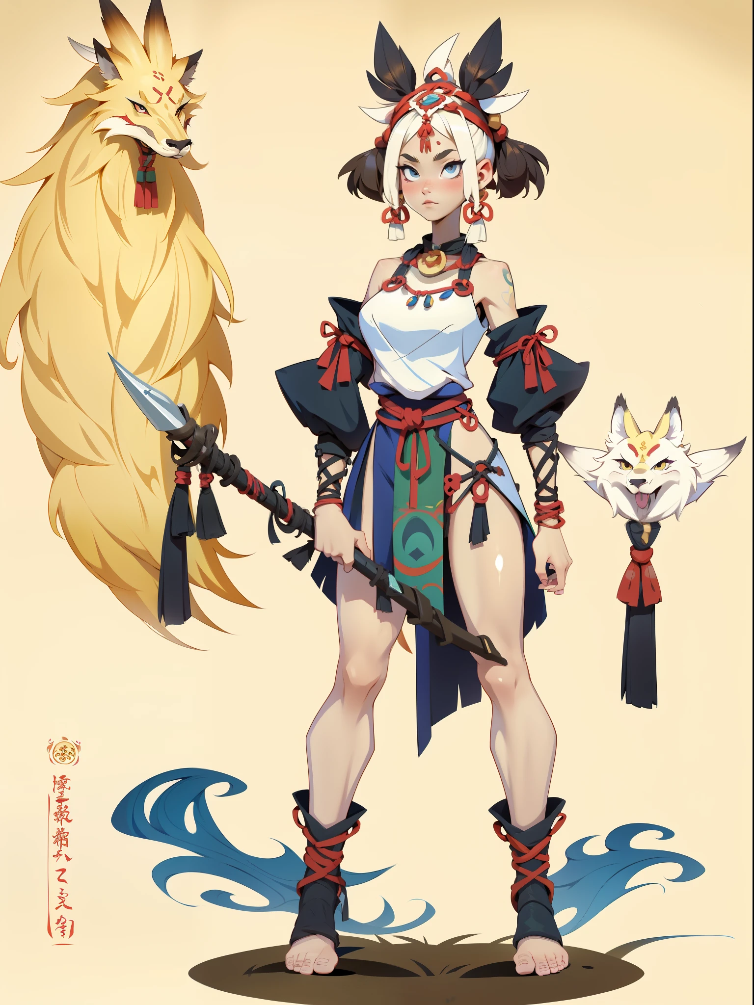 1girll，独奏，full bodyesbian，European and American cartoon design，Primitive tribal elements，standing on your feet，Holding a weapon，feater