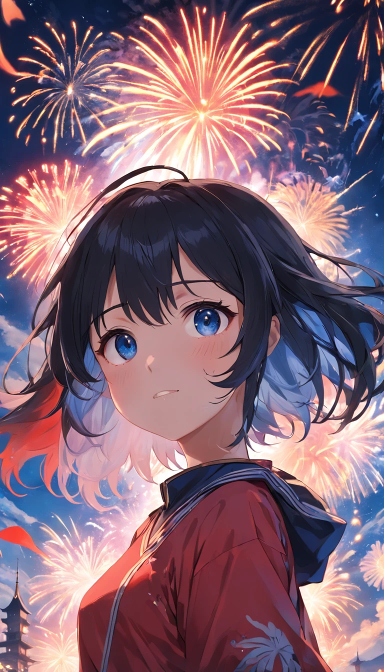 1girll,sideface,Sideways, Expose the whole body,Nice face,red pupils,Gray-black hair,Fireworks in bloom,Colorful fireworks,fire works,daysies,Floating in the sky,brightly,cheerfulness,Warm and soft lighting,early evening,Blue,light cloud,Bar cloud