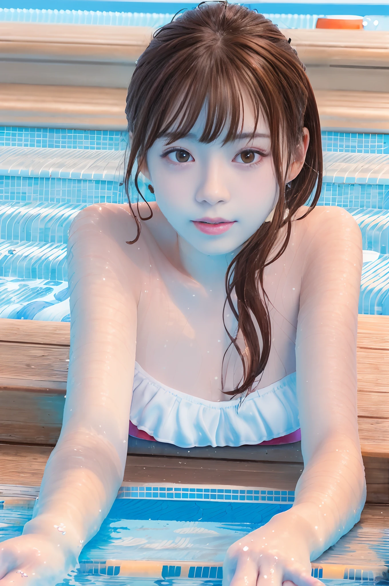 best qualtiy、Photorealsitic、8K、hight resolution、*** 1 人、femele、(Dents in the skin)、(portlate:0.6)、a gorgeous、((Poolside background:1.8))、((small round breasts))、Direct View Viewer:1.8、(One Girl Eyes Looking at Viewer、medium lenght hair、Brown hair、Parted bangs:1.65)、Photorealsitic、(Bokeh)、(a closed mouth:1.46)、a gorgeous、pureerosface_v1、((fullnude)),(((toppless)))