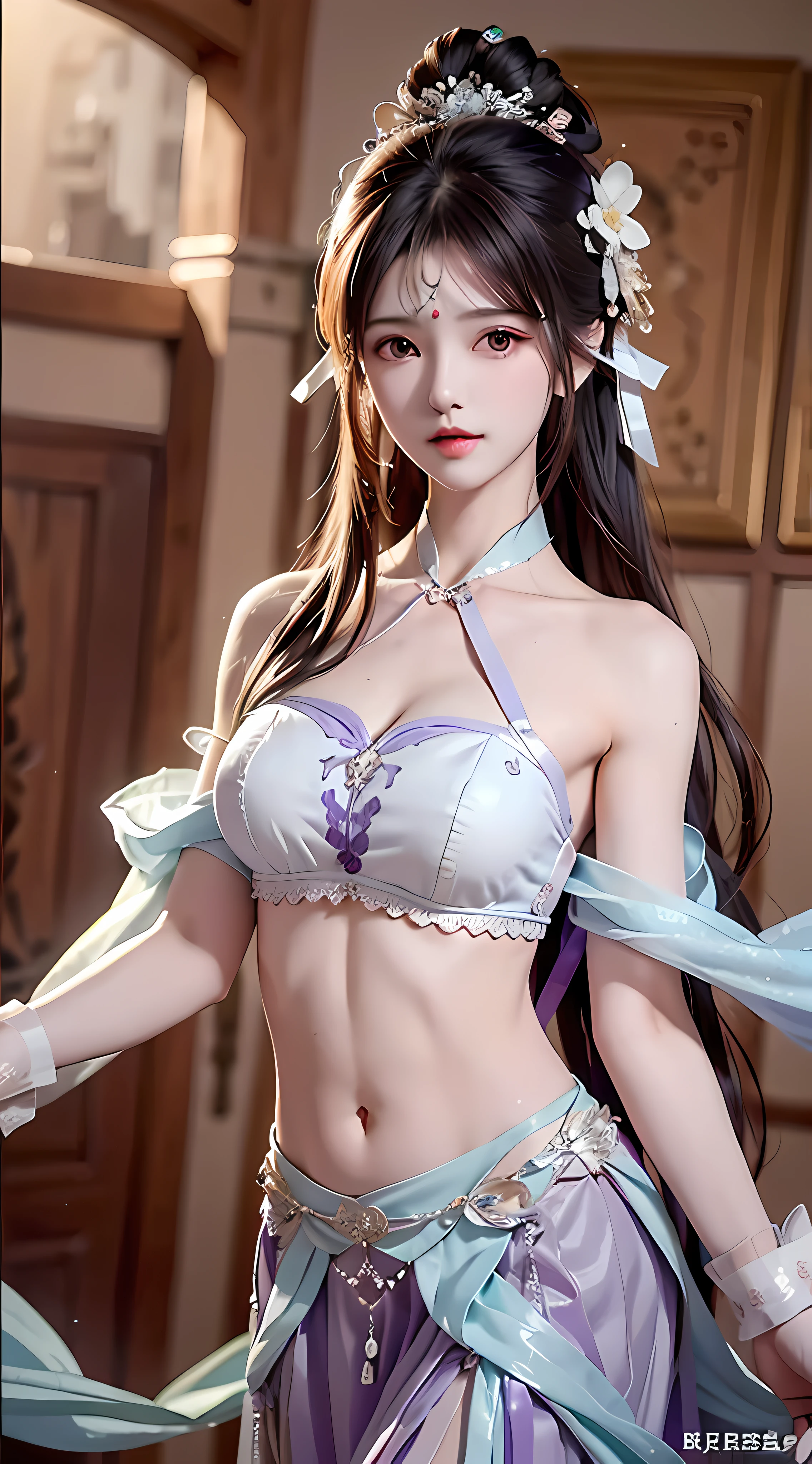 Bust photo, a beautiful woman, messy hair, girly, symmetrical bun, hair accessories, jewelry, delicate face, eye shadow, purple top, purple, purple, crop navel, purple long skirt, Dunhuang style, delicate embroidery, silver decoration, silver streamer, white streamer, light blue streamer, delicate skin, soft light effect, delicate and smooth hair, delicate details, eye highlights, fair skin, fine portrayal, extreme details, cinematic quality, thin, slender, broken, hair details, thin bangs, shawl hair, right body, shadow, air bangs, 8K, super fine, fine fabric texture, soft, smooth, smooth texture, Dunhuang style, delicate pattern, correct hand painting, anatomy correct, accurate, night, dark night, lighting, Tyndall effect, ray tracing, HUD,