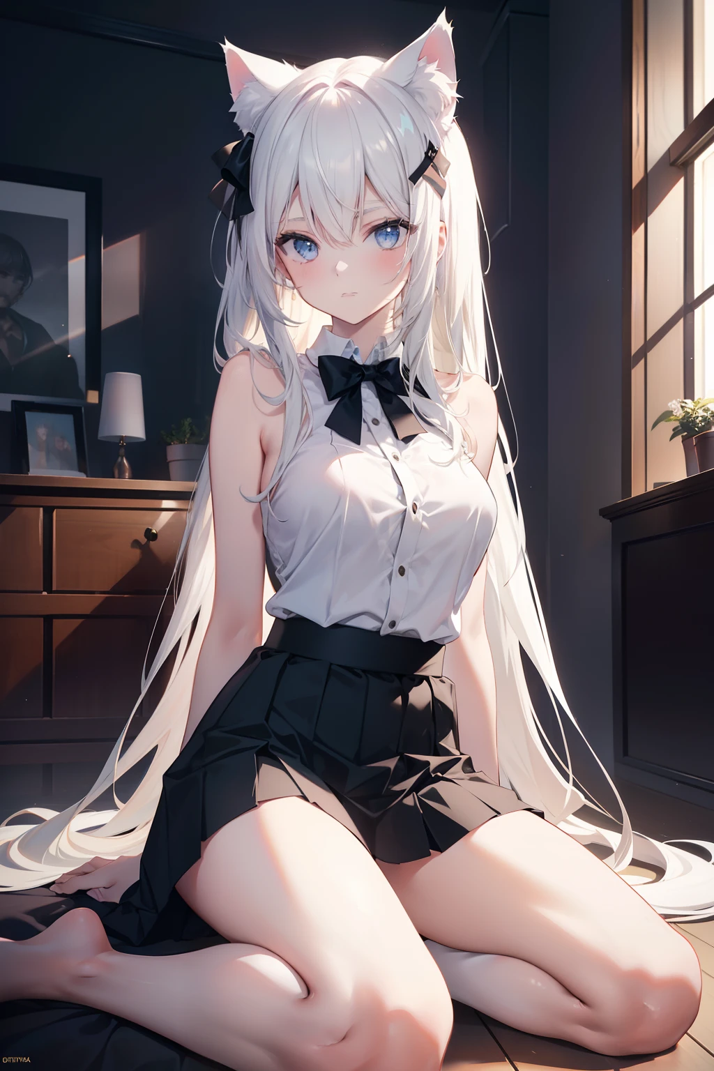 sorakasugano, sora kasugano, ahoge, (black eyes:1.5), hair between eyes, hair ribbon, long hair, twintails, black ribbon, white hair, (flat chest:1.2),
BREAK black footwear, black pantyhose, grey ribbon, grey skirt, loafers, long sleeves, miniskirt, pantyhose, pleated skirt, sailor collar, tiny crop top, ripped clothing, exposed nipples, blushing, orgasm, serafuku, shoes, skirt, white sailor collar, white serafuku,
BREAK looking at viewer,
BREAK indoors,
BREAK (masterpiece:1.2), best quality, high resolution, unity 8k wallpaper, (illustration:0.8), (beautiful detailed eyes:1.6), extremely detailed face, perfect lighting, extremely detailed CG, (perfect hands, perfect anatomy),