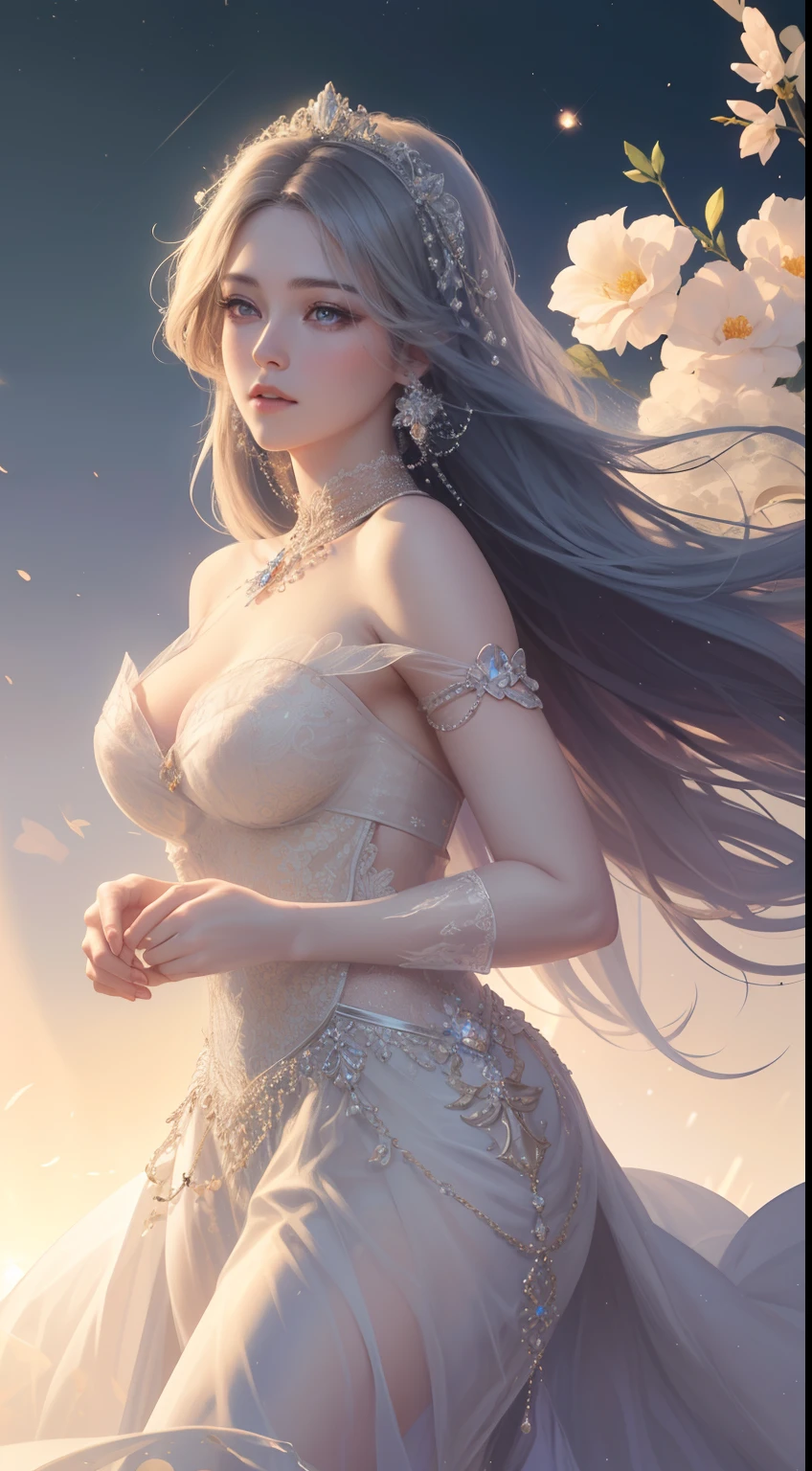 tmasterpiece,Highest high resolution,A bust of a beautiful royal maiden,Delicate braided hair,Coiled hair,Shining clear eyes,The hair is covered with beautiful and delicate floral craftsmanship, crystal、Diamond jewelry filigree,Ultra-detailed details,upscaled,softlighting。