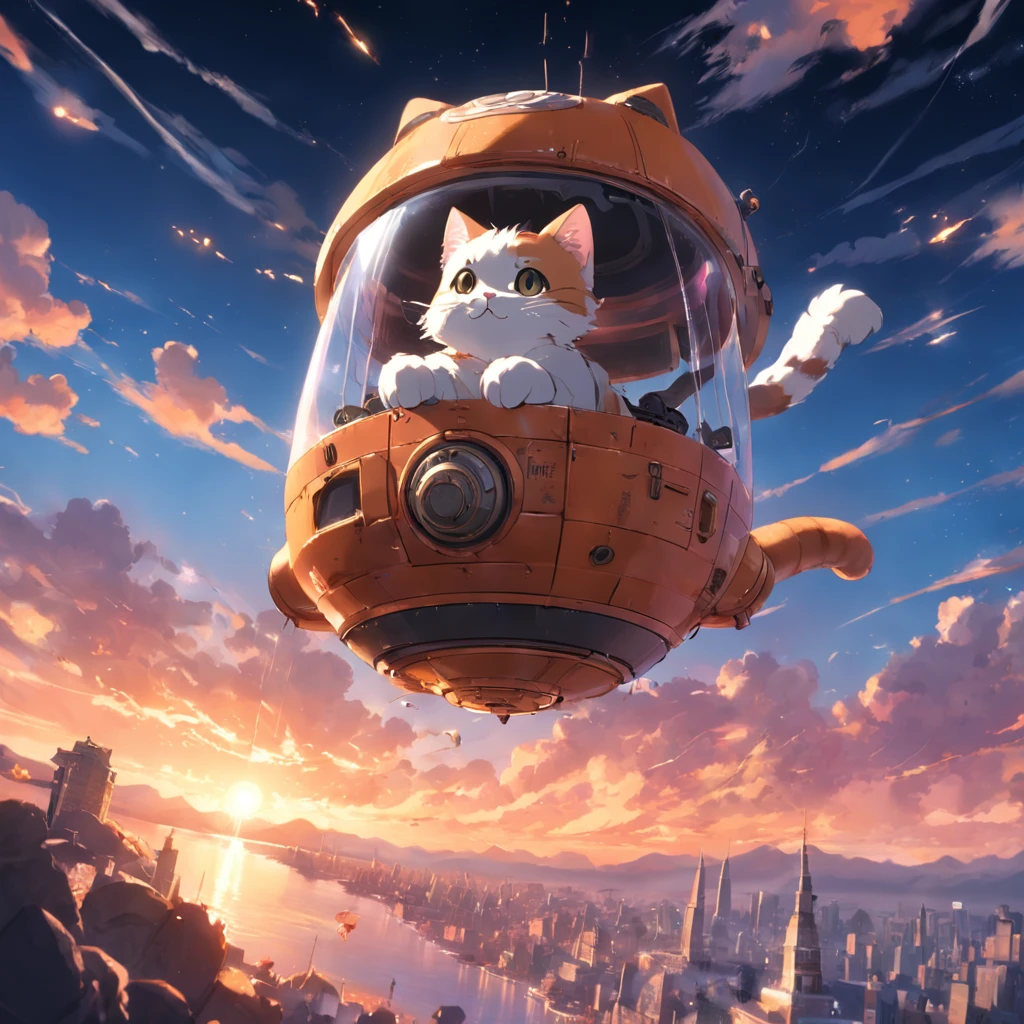 masterpiece, best quality, movie still, cat with 3D-maneuver-gear, floating in the sky, close-up, bright, happy, warm soft lighting, sunset, (sparks:0.7)
