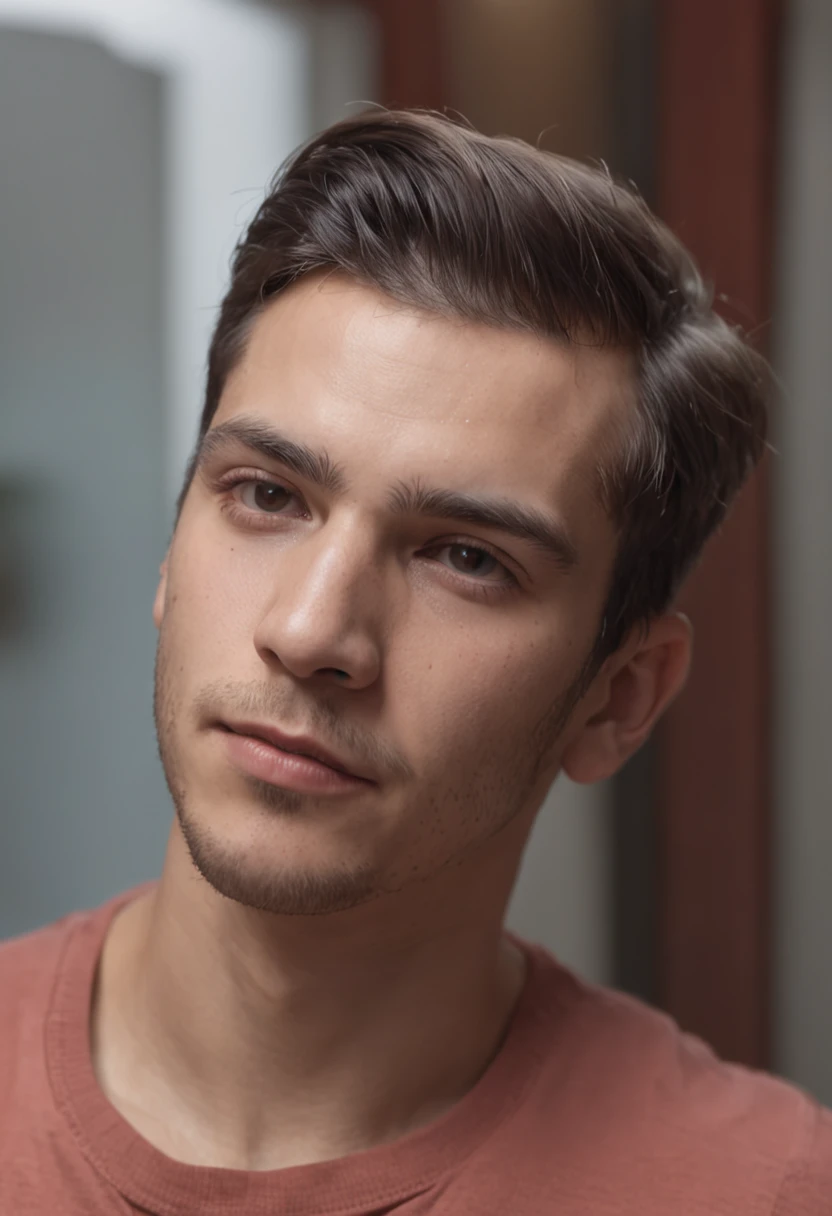 1homem, idade de 20 anos, 8k UHD, DSLR, grain of film, Pintura fotorrealista, em uma sala de estar, ((Auto retrato de rosto frontal)), ((rosto gordo, homem gordo)), ((corte de cabelo raspado lateral)), 24 mm, (((foco nítido:1.5))), (((profundidade de nitidez:1.5))), (fotorrealista:1.5), (textura da pele:1.38), cinemactic, hiperdetalhado,