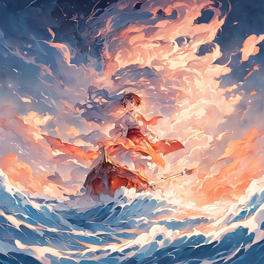 1 boat, Sea, Waves, Visual impact, Blue sky and white clouds, Exquisite composition, Graphic illustration(Chinese illustration:1.3,paper art:1.3, Quilted paper art:1.2),( reasonable design, Clear lines, High sharpness,Best quality, Very detailed, Masterpiece, movie light effect, 4K )