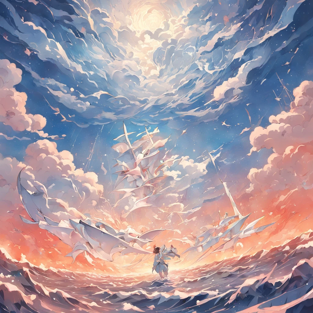 1 boat, Sea, Waves, Visual impact, Blue sky and white clouds, Exquisite composition, Graphic illustration(Chinese illustration:1.3,paper art:1.3, Quilted paper art:1.2),( reasonable design, Clear lines, High sharpness,Best quality, Very detailed, Masterpiece, movie light effect, 4K )