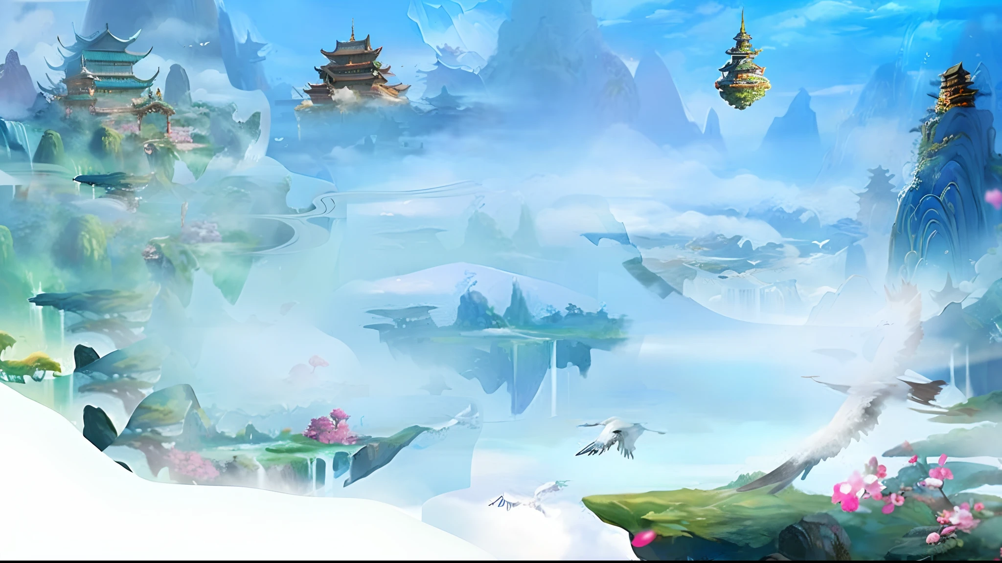 There is a painting，There is a waterfall in the mountains，Birds fly around, floating lands in-clouds, Onmyoji detailed art, background artwork, avatar landscape, arte de fundo, onmyoji, Cloud Palace, game background, floating city on clouds, Floating mountains, Chinese fantasy, Flying Island in the Sky, lie on white clouds fairyland, Island background，Ancient Chinese architectural complex