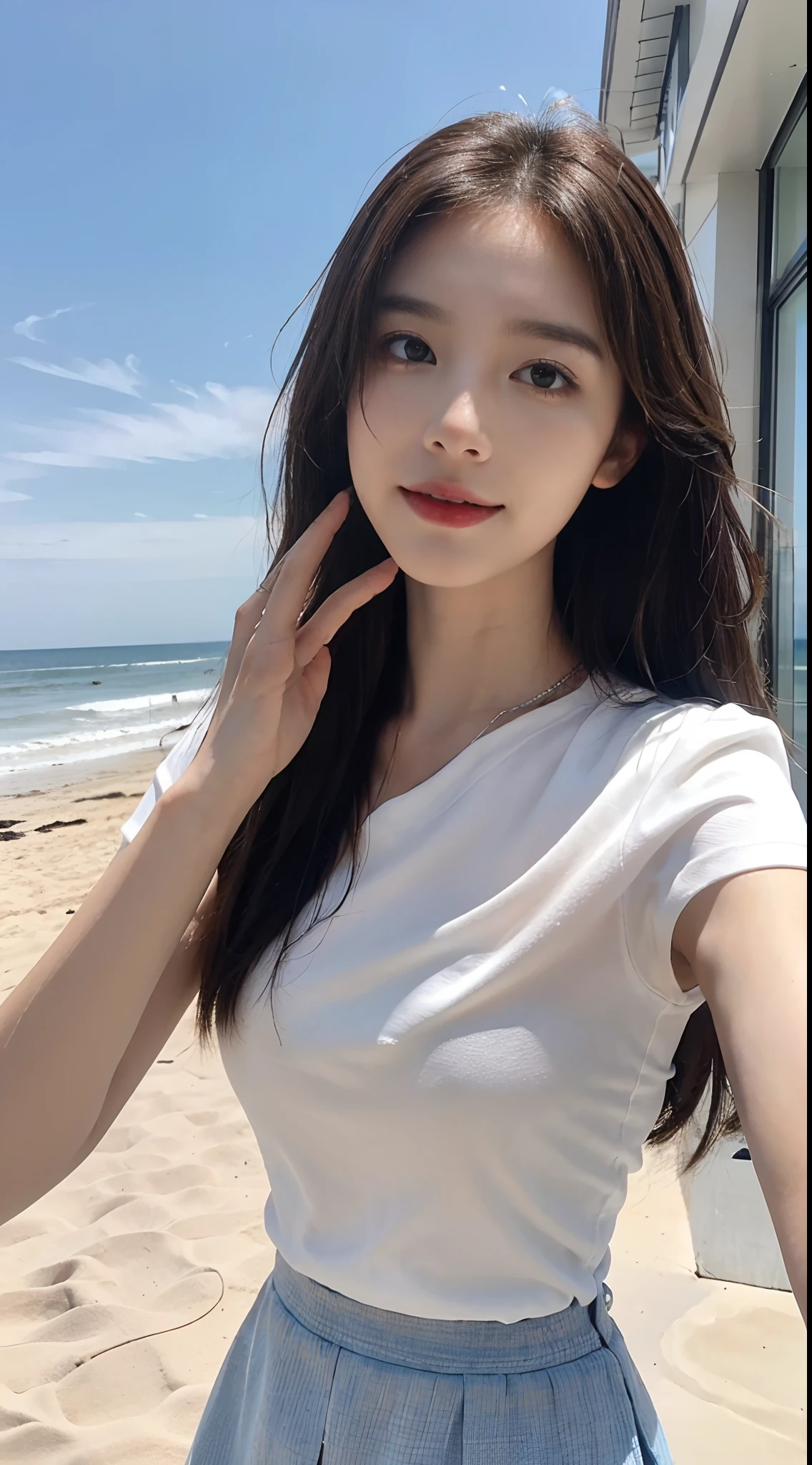 ((Best picture quality, 8K, tmasterpiece: 1.3)), self-shot, Sharp focus: 1.2, A cute beauty with a perfect figure: 1.4, Slim, ((Brown hair black)) , (whitet-shirt，pleatedskirt，Highly detailed face，Happy expression，standing on your feet：1.2），（（with blue sky and white clouds，Beach by the sea：1.3. Produced with a major focus on women）），Highly detailed facial and skin texture，Detailed eyes，二重まぶた
