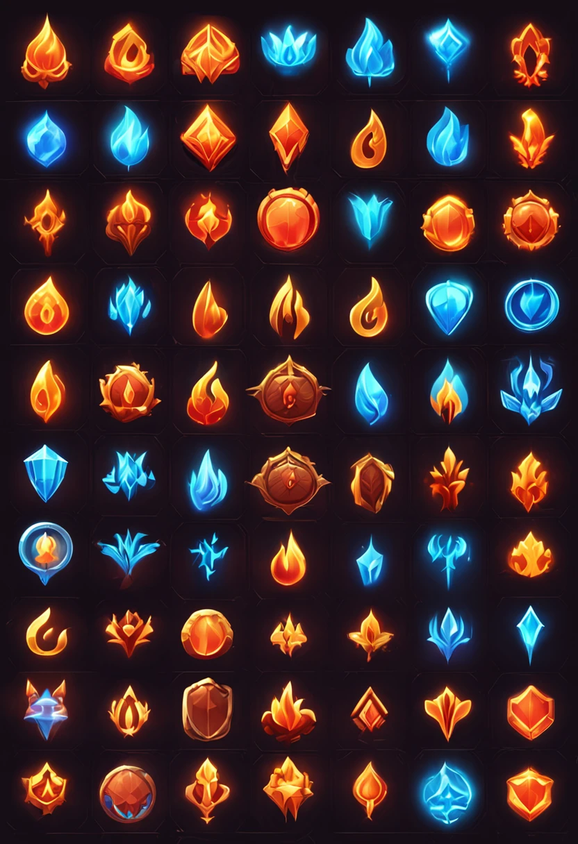 A set of flame icons for gaming, game icon asset, fantasy game spell symbol, game icon stylized, gameicon, fantasy game spell icon, flame stones are scattered, holy fire spell art, Fantasy elements, league of legends arcane, Magical elements, fantasy game art style, Magic Flame, blue fire powers