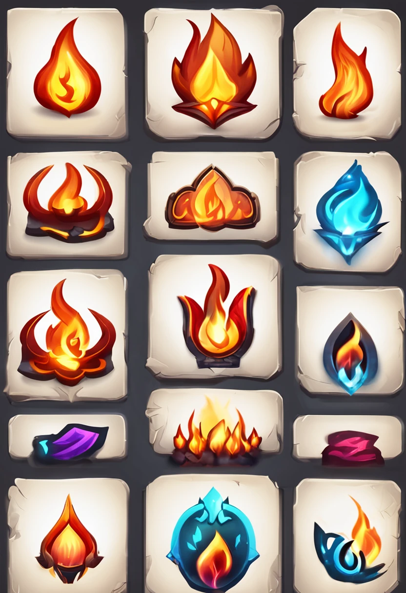 A set of flame icons for gaming, game icon asset, fantasy game spell symbol, game icon stylized, gameicon, fantasy game spell icon, flame stones are scattered, holy fire spell art, Fantasy elements, league of legends arcane, Magical elements, fantasy game art style, Magic Flame, blue fire powers