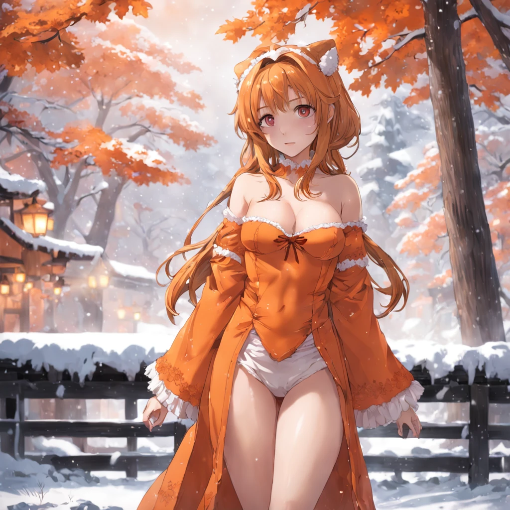8K, best qualtiy, Masterpiece, photograph realistic, Hide your face with happiness, Medium breasts, Orange Lolita costume, Orange lace, Aerith Gainsborough, Whole body, undergarments, exposed bare shoulders, do lado de fora, outside, Covered with snow, cloaks, high high quality, Adobe Lightroom, highdetailskin, view the viewer