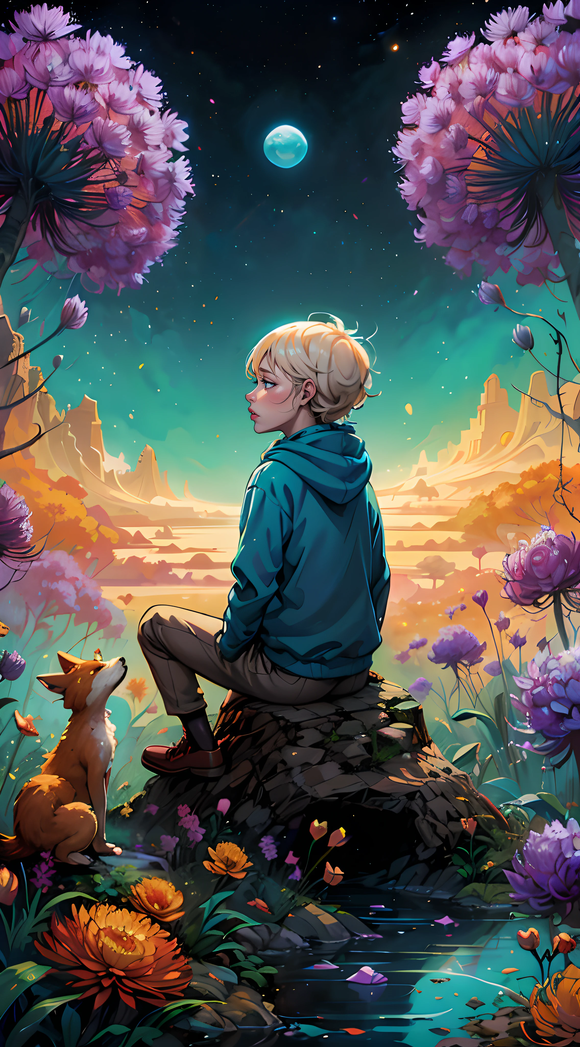 a close up of a person sitting on a rock with a fluffy fox, beeple and jeremiah ketner, inspired by Cyril Rolando, cyril rolando and goro fujita, in style of cyril rolando, cyril rolando and m. w kaluta, cyril rolando and m.w kaluta, by Cyril Rolando, childrens art in artstation