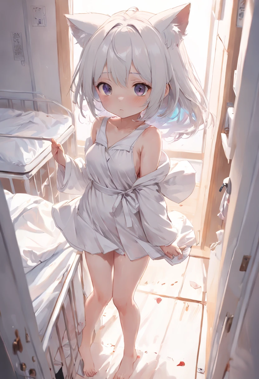 Anime girl in white pajamas getting out of bed with cat, Hang the laundry to dry，loli in dress, small curvy loli, artwork in the style of guweiz, guweiz on pixiv artstation, guweiz on artstation pixiv, guweiz, small li girl, soft anime illustration, Anime visuals of cute girls, Detailed Digital Anime Art