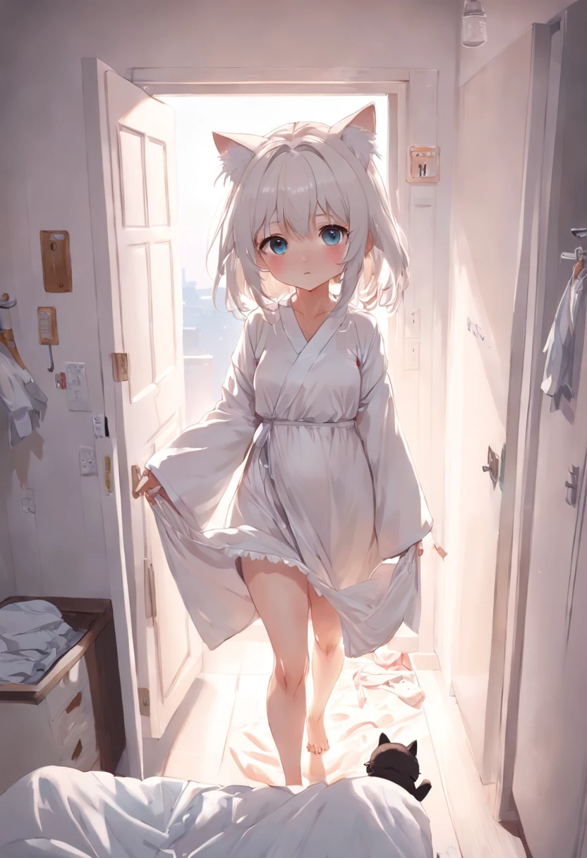 ta , masterpiece , maximum detail , furry ,fluffy, cat ears , fluffy tail , white , god, White wool , girl ,pussy ,In the towel, covered with a towel , very embarrassed