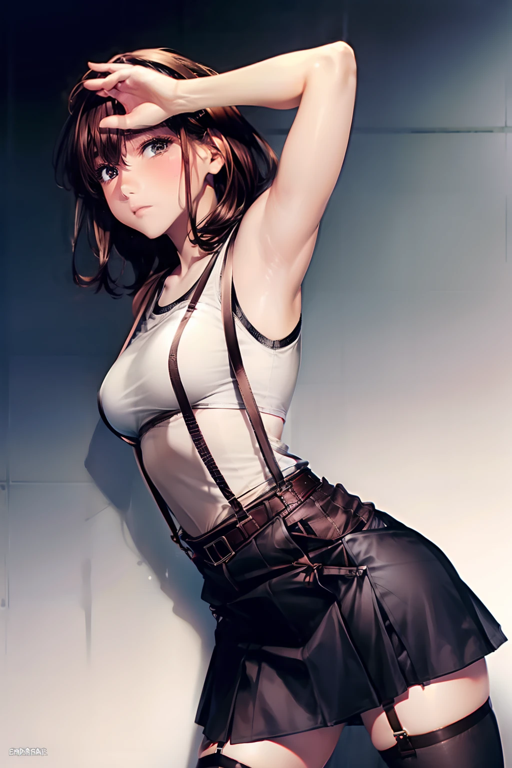 skirt by the, Tank Tops suspenders, Brown hair short, Gray eyes, Garter belt on the legs, Big, tight clothes, a belt Armpit sweat deadpan