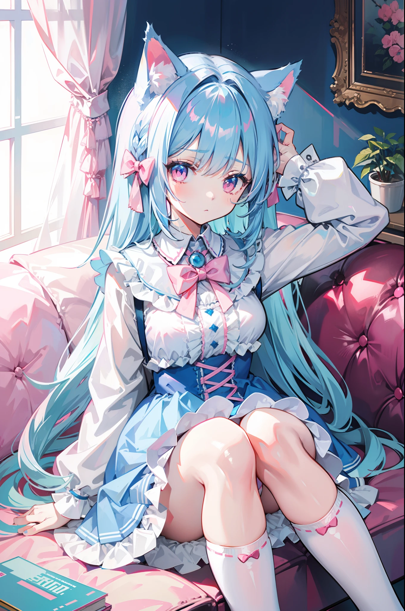 lightblue hair，Cat ears，Pink eyes，Light blue Lolita，White  socks，pink bows，inside in room，sitting in the couch，liveroom