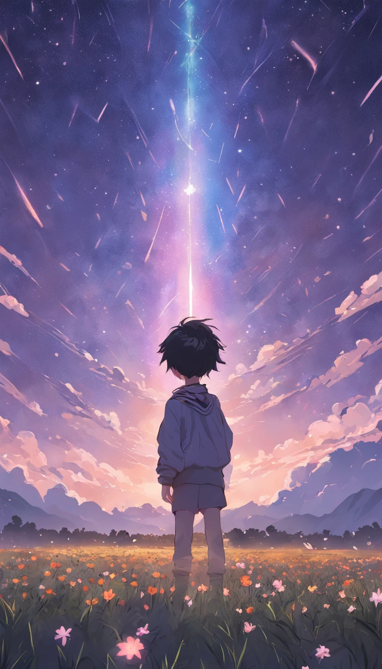 Expansive landscape photograph,(look from down,Above is the sky,Below are open fields),A standing on a flower field looking up,(moon full:1.2),(meteors:0.9),(Starcloud:1.3),Far Mountain, Tree BREAK making art,(Warm light source:1.2),(glowworm:1.2),lamp lights,Lots of purple and orange,Complicated details,Volumetric lighting BREAK(tmasterpiece:1.2),(best qualtiy),4K,ultra - detailed,(dynamic compositions:1.4),detail-rich,plethora of colors,(Irridescent color:1.2),(with light glowing,Atmospheric lighting),dream magical,magical,(独奏:1.2