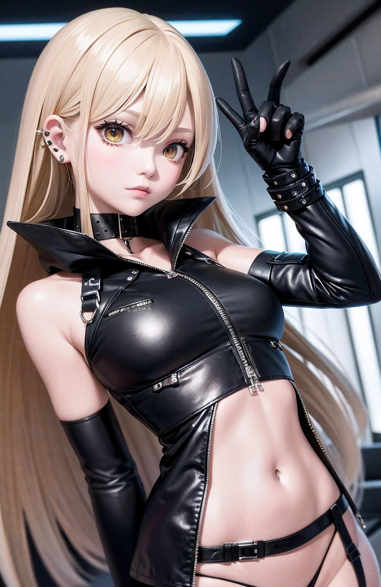 optimum,tmasterpiece,A high resolution,best qualtiy,hyper HD,super detailing,Award-Awarded,16k,独奏,((The upper part of the body)),((Bust)),anatomy correct,Beautiful cyberpunk girl,cute face,,Gradient Beige Hair,Hairline,((Dark golden eyes)),long eyelasher,Hanging eye corners,White skin of the,(small boobs),(Slim body),((Women's super short shawl leather jacket)),((goth style,bikesuit)),(()),ear studs,(Neck strap),(Laser material clothing:1.2)