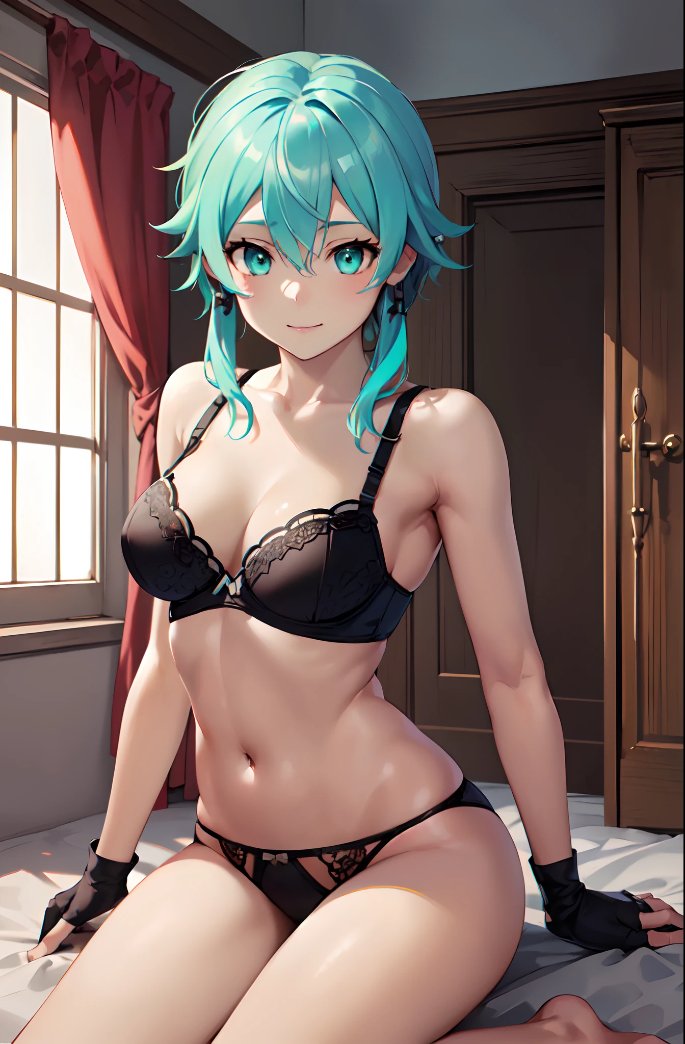 (masutepiece:1.5), the Extremely Detailed CG Unity 8K Wallpapers,(Realistic,Photorealsitic,hyper realisitic:1.5),(Curve,modeled,glamor:1.5),(Double eyelids,beautifully detailed eyes、Eyes Like Gems、radiant eyes:1.4),(Arched back:1.5),Well-formed face,beautiful countenance,face perfect,Well-proportioned body,Beautiful breasts,Farbe_aberration,beautiful detailed shadow,Beautiful eyes,Beautiful body,Beautiful skin,beautifull hands,(Large_breasts,cleavage,:1.4),(in a house,on the beds,Bedroom:1.4),Looking down,Model Posing,,(Sit and cross your legs:1.4),(kneeling on the floor:1.3),(from a_Below:1.5), (Best Quality:1.5), High quality shadows, Beautiful detailed, Beautiful face, Detailed eyes, depth of fields, hight resolution, Best Shadow, Best Illumination,blush(lightsmile:1.4),(Kneel:1.3),(turquoise hair:1.5), masterpiece、top-quality、Hi-Res、1girl in、sinon1、Fingerless gloves、shortpants、hair adornments、hair clips、cowboy shot,(Very small underwear:1.4),Lace-trimmed bra、Highly detailed bra、Black bra,Black panties,lace-trim,an lingerie,lace trimmed legwear,(Black lace:1.1),